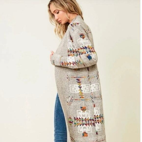 ON BLUE Aztec Long Knit Cardigan Sweater 2x Duster Boho Western Tribal Hippie - Picture 1 of 13